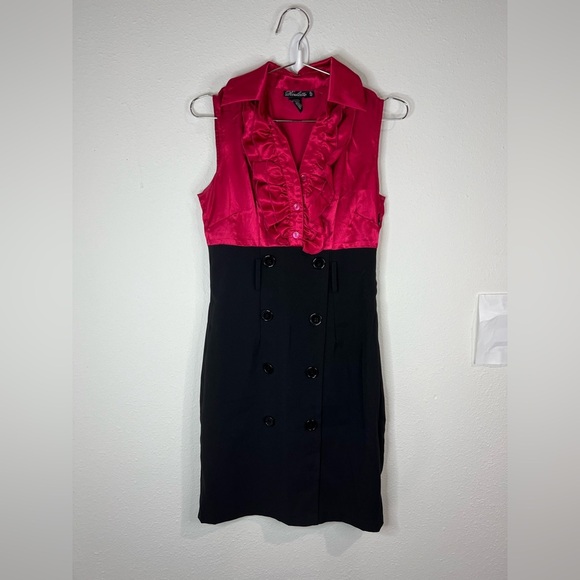 Roulette Pink & Black Sleeveless Ruffle Button-Up Dress Size 4P Double Breasted - Picture 1 of 9